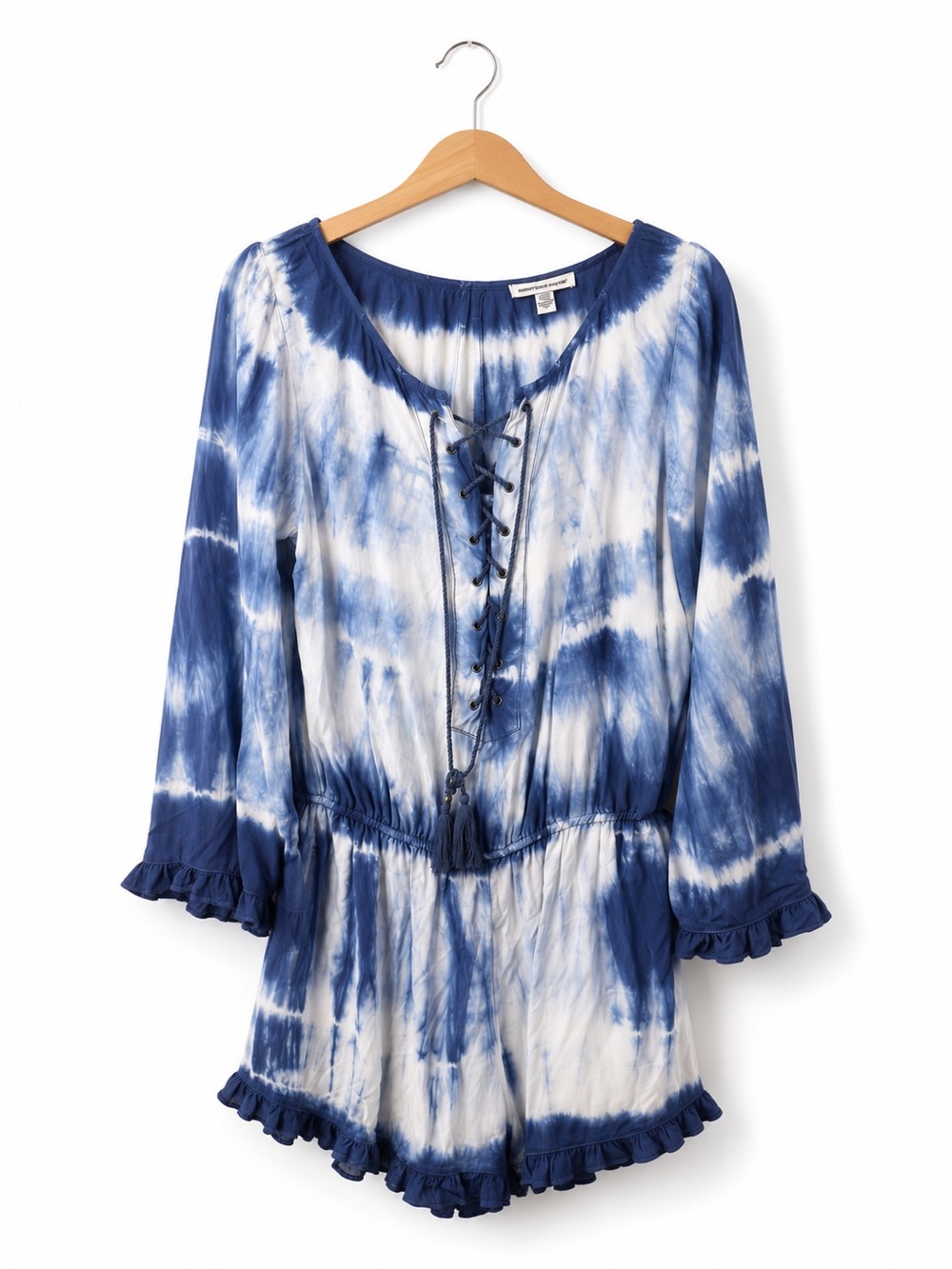 American Eagle Blue White Tie Dye Lace Up Tassel Romper Boho Festival Small